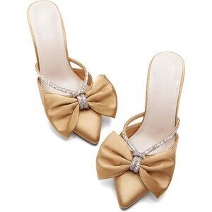Brown Satin Bow Heels Pointed Closed Toe Sandals Rhinestone Wedding Shoes